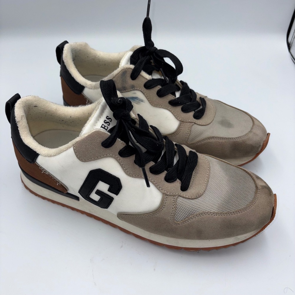Guess Mens Low Top Sneakers Tan White Brown G Logo Lace Up Shoes Size 12
